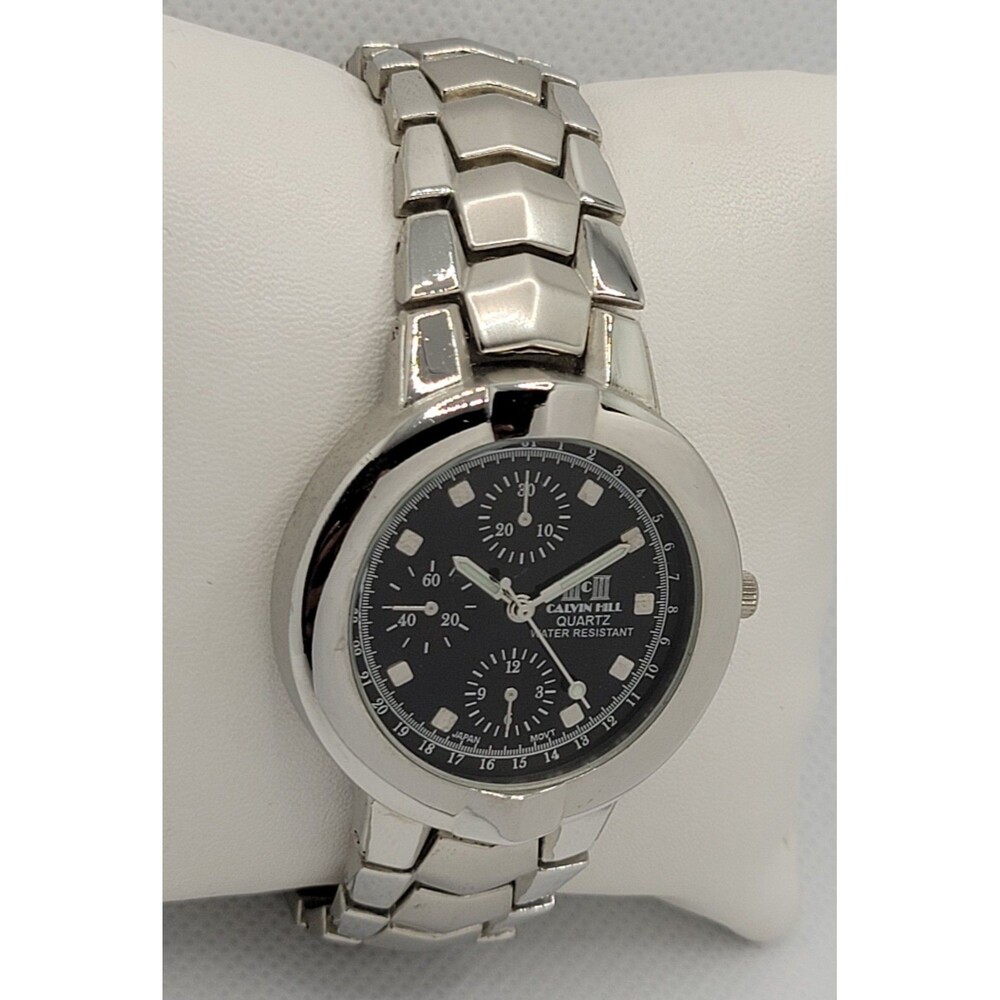 Men's Calvin Hill Classic Round Silver Tone Black Dial Link Bracelet Watch 01 - Picture 3 of 8